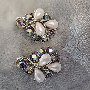 Vintage BSK Faux Pearl & Rhinestone Earrings